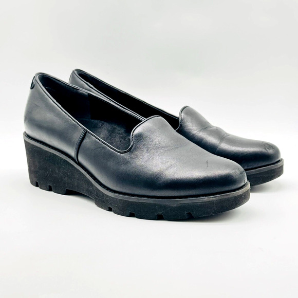 Vionic Shoes Womens 9 Black Leather Wedge Heels Slip On Comfort Orthotic Willa - Picture 3 of 10